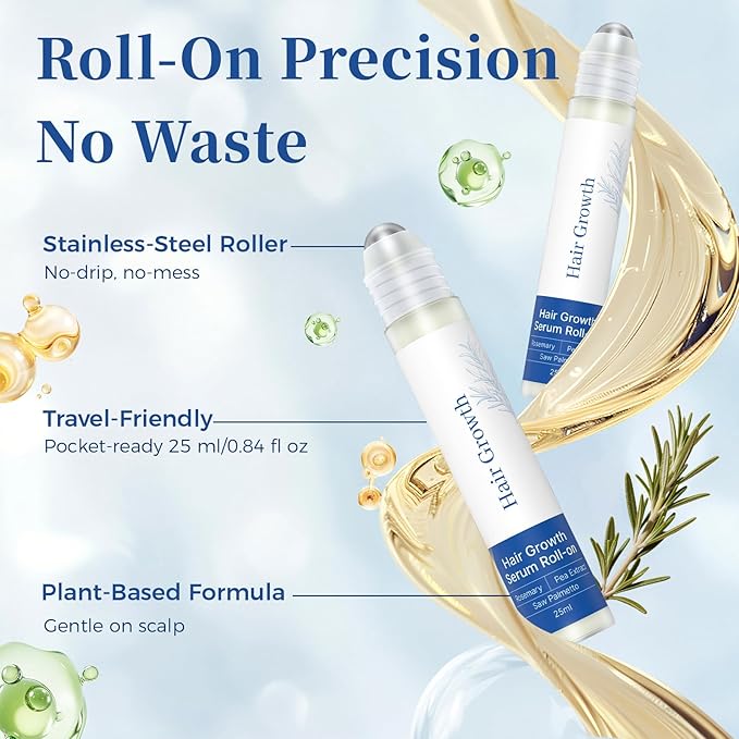 Hair Growth Serum Roll On with Rosemary，Helps Support Thicker, Fuller Hair Appearance，Clean, Non-Greasy Hair Loss Support for Men & Women，Saw Palmetto，0.84 Fl Oz (Pack of 1)