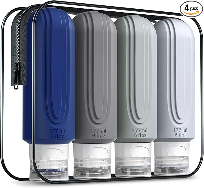 Travel Bottles for Toiletries, Large 6oz Oversize Containers, BPA Free Leak Proof Tubs Refillable Liquid Traveler Accessories with Toiletry Bag for Cometic Shampoo and Lotion Soap (4 Pack)
