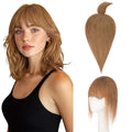 Hairro Mono Hair Toppers with Bangs, 3.4" x 3.4" Mono Base 100% Real Human Hairpieces for Women, 150% Density Clips In Topper for Greyish Thinning Hair, 10 Inch Blondish Brown