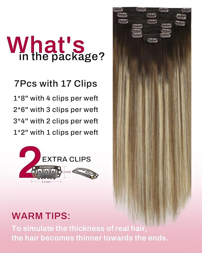 Moresoo Human Hair Clip in Extensions Balayage Dark Brown to Medium Brown with Blonde Ombre Clip in Hair Extensions for Women Full Head 7 Pcs 120G 22 Inch