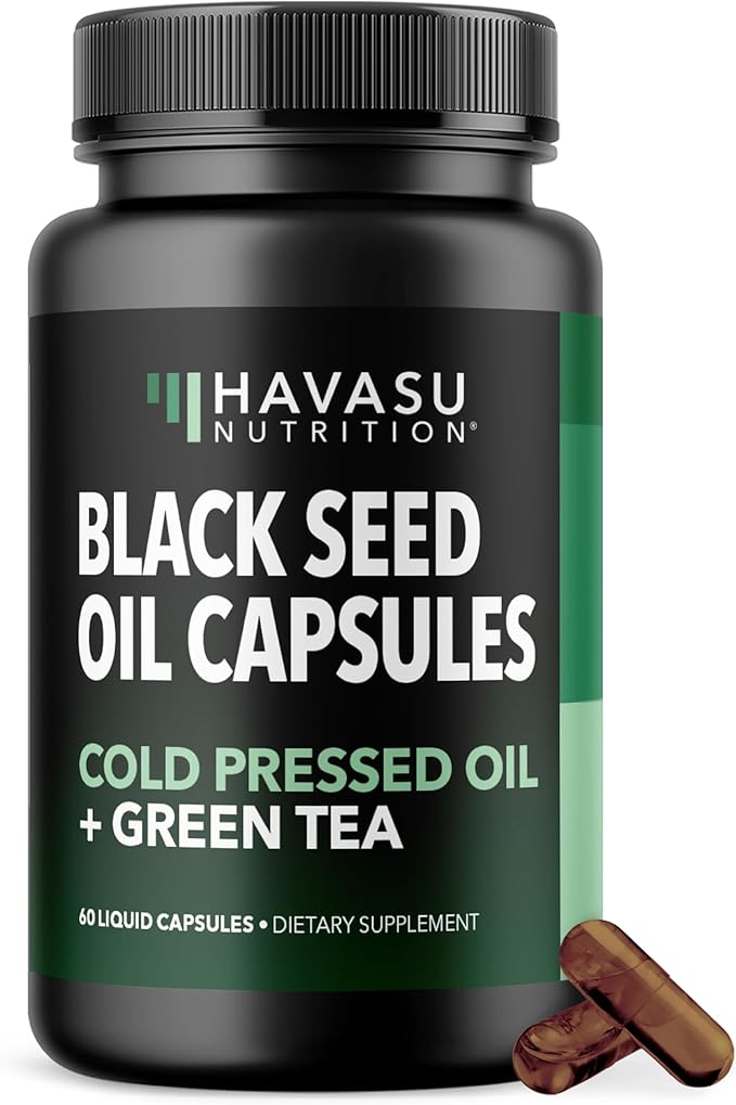 Cold Pressed Black Seed Oil Liquid Capsules with Green Tea Extract for Energy and Digestive Health Support - 60 Count - Nigella Sativa Supplement - Unflavored, Vegan, Non-GMO - 1 Month Supply