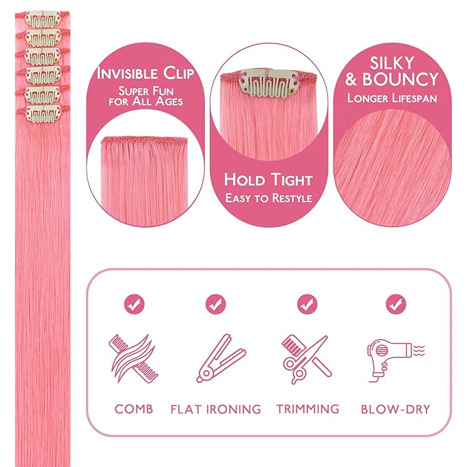 WENNALIFE Peach Pink Clip in Hair Extensions Real Human Hair 35g 6pcs 16 Inch Colored Hair Extensions for Kids Women Colorful Hair Pieces Pop-up Style Straight Extensiones De Cabello Humano Con Clip
