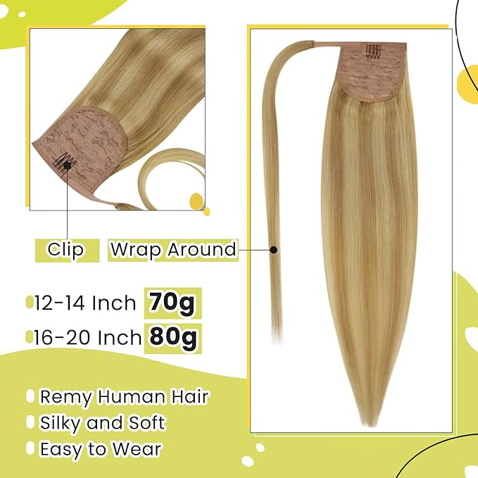 RUNATURE Ponytail Extension Human Hair Blonde, Real Hair Ponytail Extension For Women, Human Hair Ponytail Wrap Around, Remy Natural Hair, Easy to Install, 16 Inch 80g #16P24 Golden Blonde Highlights