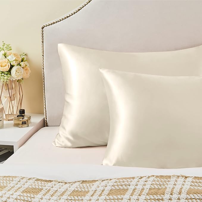 BEDELITE Satin Pillowcase with Zipper 2 Pack, Beige Pillow Cases Standard Size, Super Soft and Cooling Similar to Silk Pillow Cases, Gift for Women Men(20x26 Inches)
