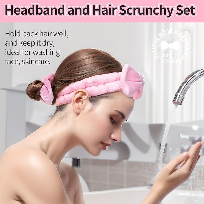 LEOBRO Spa Headband for Skin Care and Makeup, Women Teen Girls Hair Band Headbands for Washing Face, With Hair Scrunchies, Christmas Gifts for Teens (Pink & Creamy White & Black)