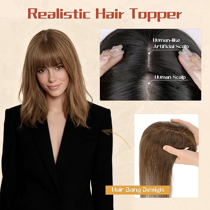 Rich Choices Human Hair Toppers for Women-100% Real Remy Hair Topper with 3D 360°Bang-Upgraded 150% Density 9 * 12CM Lace Base-Clip in Hairs topper for Thinning Hairs-14Inch #4 Medium Brown