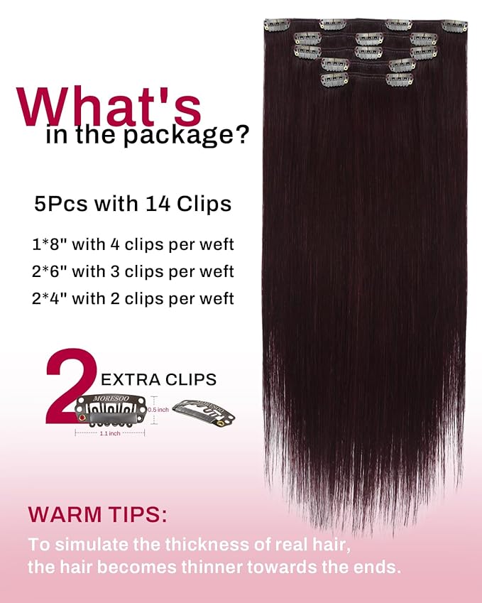 Moresoo Burgundy Clip in Hair Extensions Short Clip in Human Hair Extensions Red Wine for Women Real Human Hair Double Weft #99j Dark Red 80g/5pcs 12 inch