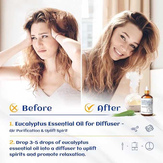 HIQILI 100ML Eucalyptus Essential Oil for Spray, Diffuser & Skin, 100% Pure Undiluted - 3.38 Fl Oz