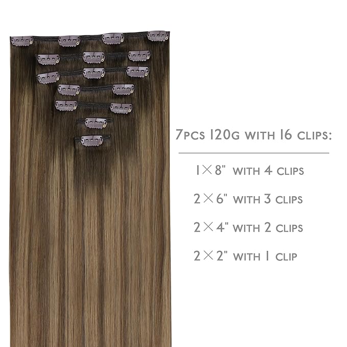 WENNALIFE Clip in Hair Extensions - Real Human Hair, 24 Inch 120g 7pcs, Light Ash Brown to Warm Chocolate Highlighted Caramel Blonde