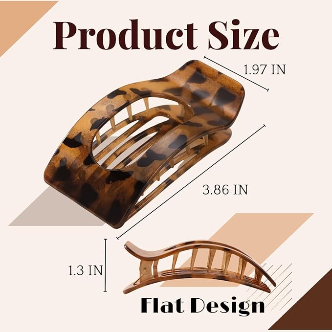 8 Pack Tortoiseshell Flat Hair Clips for Women – Large Neutral Matte No-Slip Rectangle Claw Clips for Thick & Thin Hair, Strong Hold Square Hair Accessories, Chic Neutral Leopard Pattern
