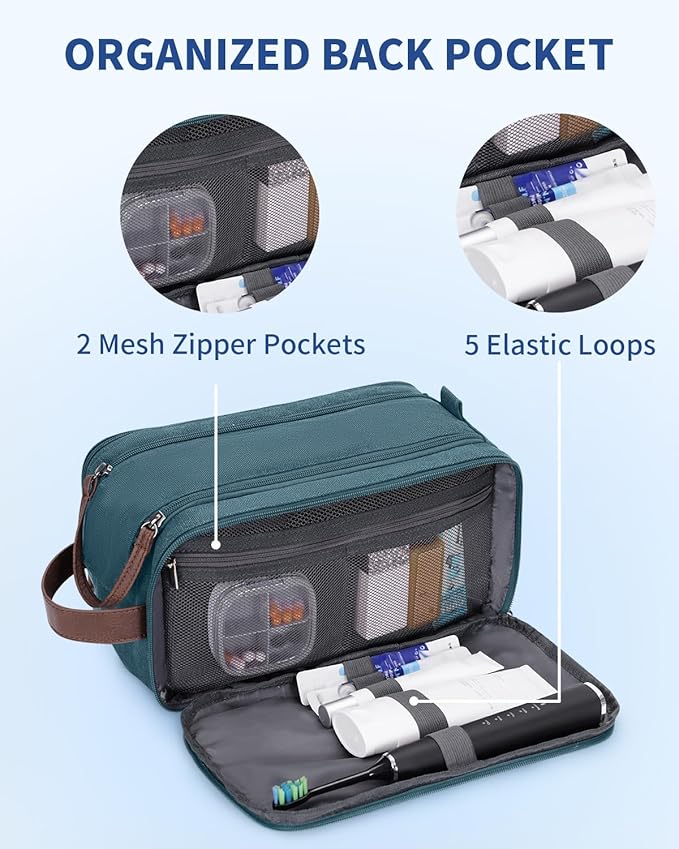 WANDF Toiletry Bag for Men Travel Toiletry Organizer Canvas and Leather Dopp Kit Water-Resistant Shaving Bag for Travel Accessories (Blue-Green, Large)