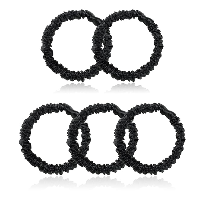 Silmer Silk Scrunchies for Hair Bicolor Hair Tie 100% Mulberry 22 Momme 5 Pack(Black)