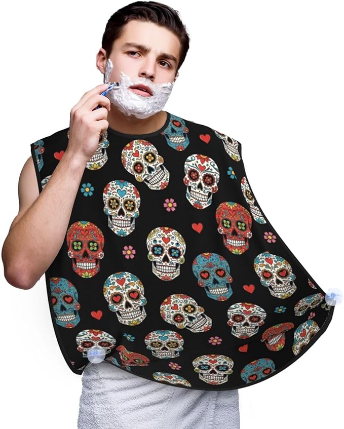 Beard Bib Apron for Men Shaving, Waterproof Non-Stick Hair Catcher with Suction Cups, Grooming Essential for Dad Husband, Day of The Dead Sugar Skull Shave Bib