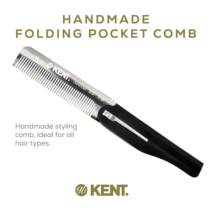 Kent 20T Black Graphite Handmade Folding Pocket Comb for Men, Fine Tooth Hair Comb Straightener for Everyday Grooming Styling Hair, Beard or Mustache, Use Dry or with Balms, Saw Cut, Made in England