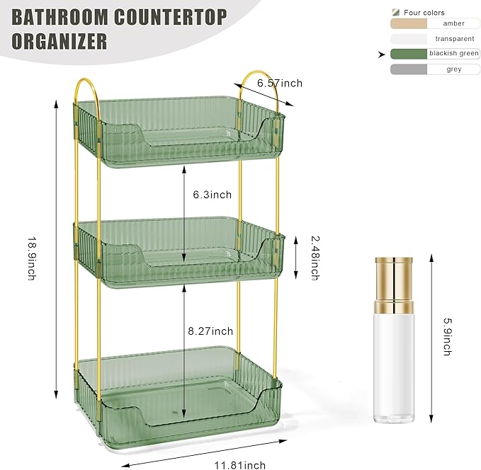 Bathroom Counter Organizer Countertop Storage Skincare Countertop Makeup Organizer Cosmetics Skincare Organizers Holder for Perfume-Green-Golden Pole-3 Tier