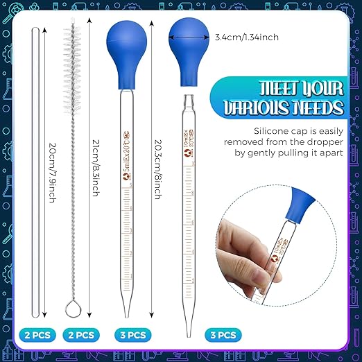 Weewooday Glass Droppers Pipettes Graduated Lab Dropper Glass Liquid Pipette with Big Rubber Hats 20 cm Stir Rod Washing Brush Transfer for Liquid Essential Oil(16 Pieces,Blue,5 Ml, 10 ml)