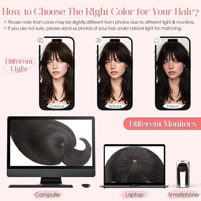 Hairro Mono Hair Toppers with Bangs, 3.4" x 3.4" Mono Base 100% Real Human Hairpieces for Women, 150% Density Clips In Topper for Greyish Thinning Hair, 10 Inch Medium Brown