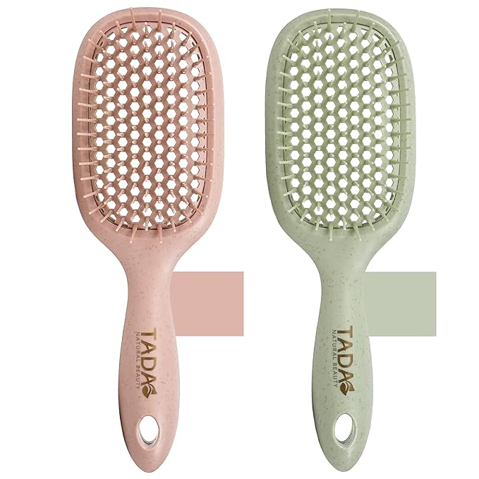TADA Natural Beauty Hair Brush Detangler for Curly, Thick, Wavy, and Thin Hair - Ventilation Holes for Quick Drying and Styling, Detangler Brush for Women, Men, Kids (4 Colors) (2PK #1)