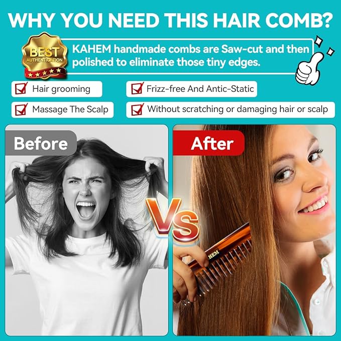 2-Piece Set Handcrafted Acetate Wide Tooth Combs - 6.29" Premium Detangler for Women, Men & Kids, Ideal for Curly, Long & Short Hair - Professional Quality for Wet/Dry Use