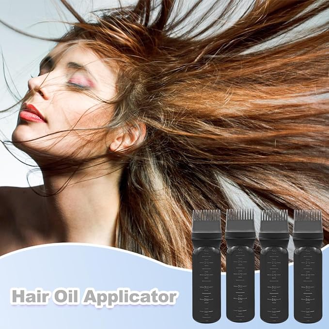 ELANE 4 Pcs Root Comb Applicator Bottle 6oz,Hair Oil Applicator Bottle for Hair,Oil Comb Applicator Hair Bottle Applicator for Hair Dye Shampoos Hair Salons Camping Traveling(Black)