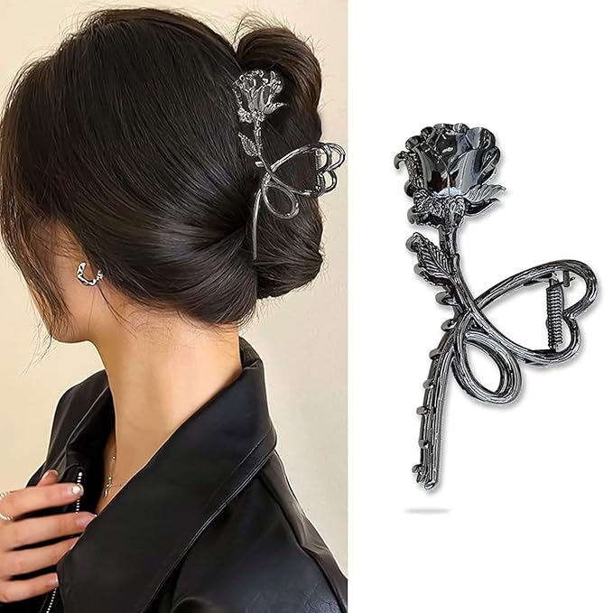 Rose Metal Hair Claw Clips, 1Pc Flower Non-Slip Hair Claw for Thin/Thick Hair - Fashionable Hair Styling Accessory for Women and Girls (Black Rose)