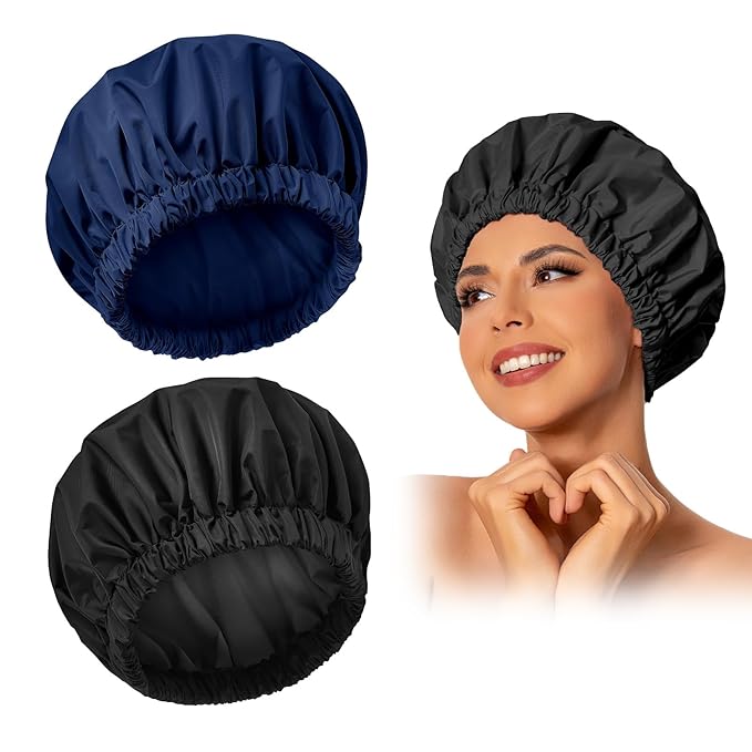 Reusable Shower Cap for Women, Large Waterproof Shower Bonnet Washable Elastic Band Bath Accessories Hair Hat for Long Hair, Braids(Black&Navy)