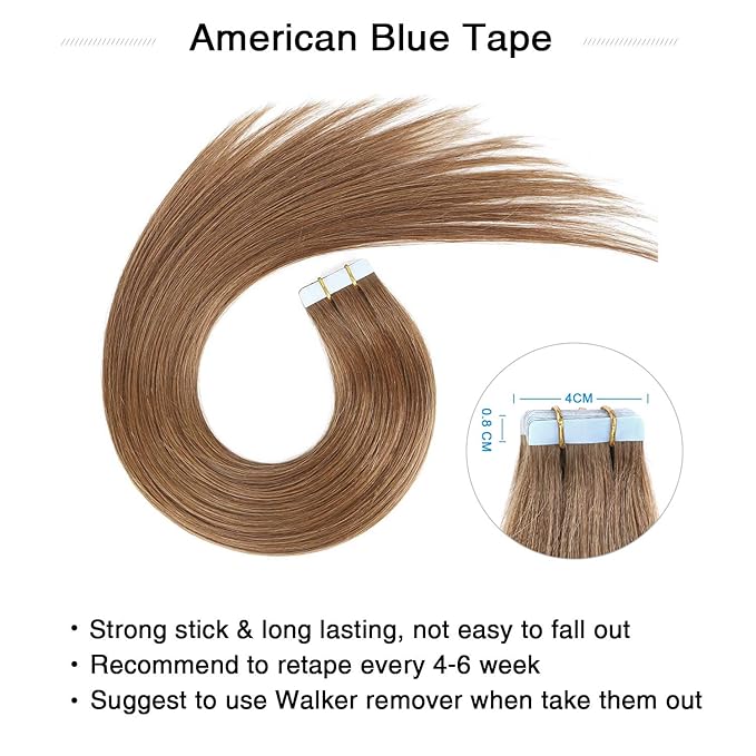 SUYYA Tape in Hair Extensions Human Hair Light Brown 18 inches 50g 20pcs Straight Seamless Skin Weft Tape in Human Hair Extensions(18 inches #8 Light Brown)