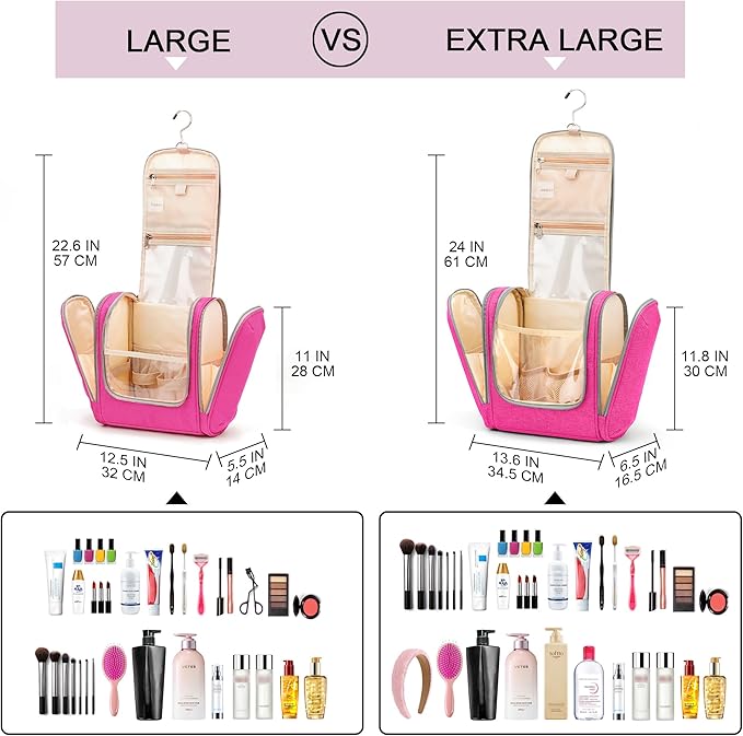 Hanging Travel Toiletry Bag for Women and Men, 6 Organizer Compartments, Extra Large Toiletries Bag, Bathroom Cosmetic Bag, Water-resistant Makeup Bag, Holds Full-Size Shampoo, Rose Red
