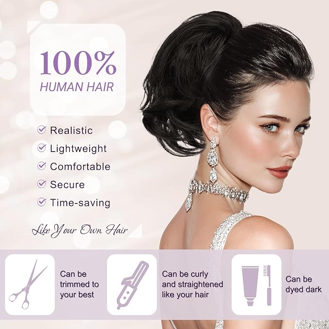 RUWISS Claw Clip Short Human Hair Ponytail Extension with Bendable Metals for DIY Styles Straight Messy Bun Hair Piece for Women Hairpieces for Daily Wear, 9 Inch Dark Brown with Blonde Highlight