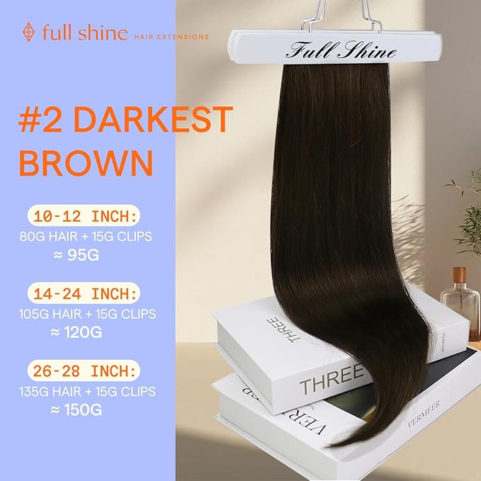 Full Shine Long Clip in Hair Extensions Brown Human Hair Clip in Extensions 22 Inch Straight Real Human Hair Dark Brown Hair Extension for Women 7 Pcs