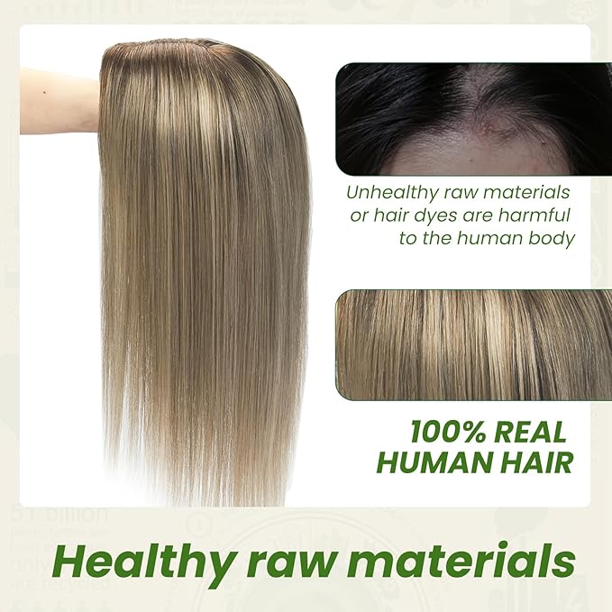 Hair Toppers for Women Real Human Hair, 6x7 inch Larger Silk Base 150 Density 55 grams 12inch Clip In Topper Hair pieces Dark Brown to Dirty Blonde Wiglet Top Pieces Add Volume（#2618 12inch）