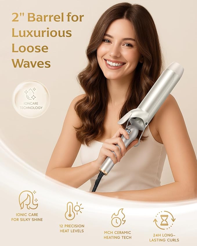 Professional Curling Iron 2 Inch, Large Barrel Curling Wand for Long Hair, MCH Heating with 12 Temperature, Dual Voltage, Gold