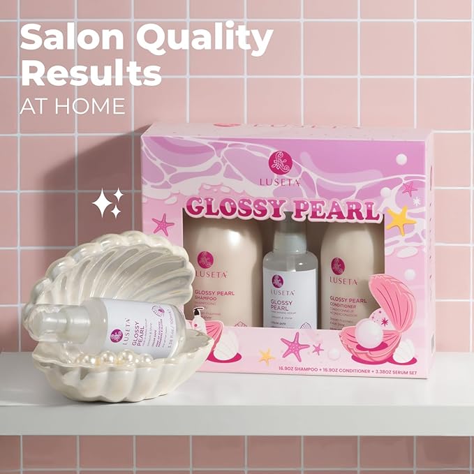 Luseta Glossy Pearl Trio Hair Care Set Smoothing & Moisturizing Shampoo and Conditioner Hydrating Hair Oil Detangle,Nourish Strands Add Shine