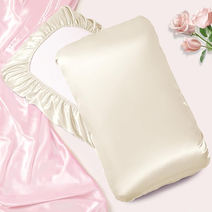 Manyshofu Satin Pillowcases for Hair Protection - 1Pcs Beige Pillow Cases, Elastic Band Standard & Queen Satin Pillowcases Luxury Silky Pillow Cases Travel Pillow Covers
