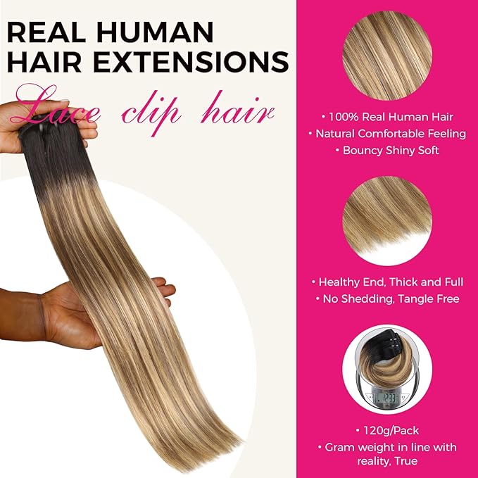 Lashey Clip in Hair Extensions Real Human Hair Balayage Ash Brown to Honey Blonde with Dark Root 7pcs 120g Straight 16 Inch Hair Extensions Natural Remy Human Hair Clip in Extensions