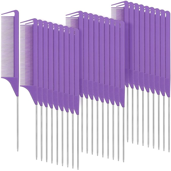 Patelai 30 Pieces Rat Tail Combs Bulk, Hair Teasing Fine Tooth Pintail Combs Braiding Hair Styling Tools with Steel Pin for Stylists Salon Teasing Sectioning Coloring Detangling(Purple)