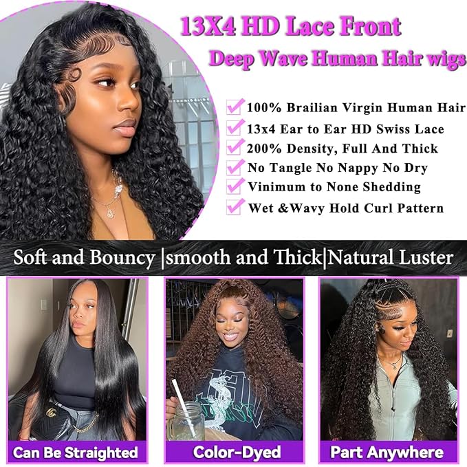 Aomllute Deep Wave Lace Front Wigs Human Hair Wigs for Women 200 Density 13x4 HD Deep Curly Lace Front Wig Human Hair Glueless Lace Front Wig Human Hair Pre Plucked 24 Inch