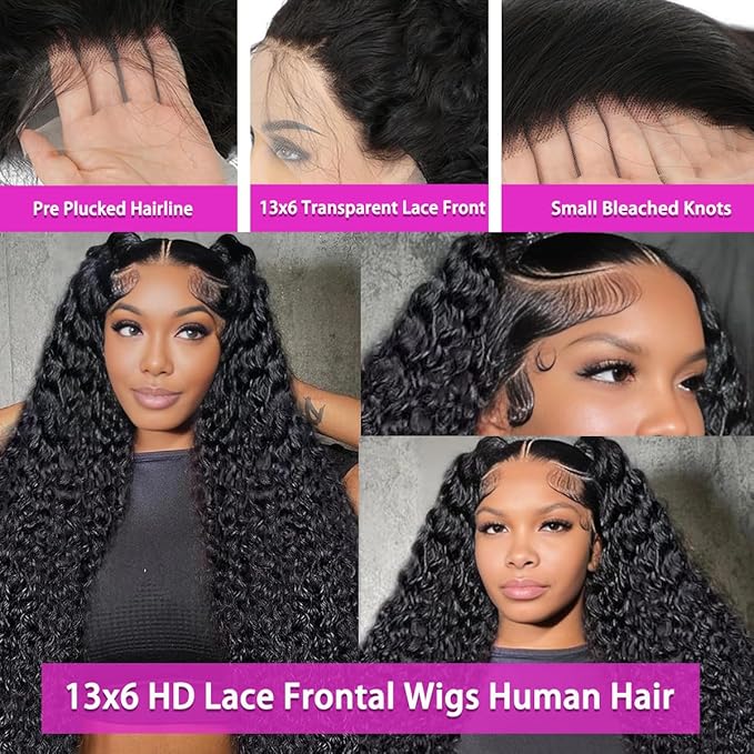 28Inch Deep Wave Lace Front Wigs Human Hair 13x6 Deep Curly Lace Front Wigs Glueless Lace Frontal Wig Brazilian Virgin Human Hair Pre Plucked with Natural Hairline 210% Density