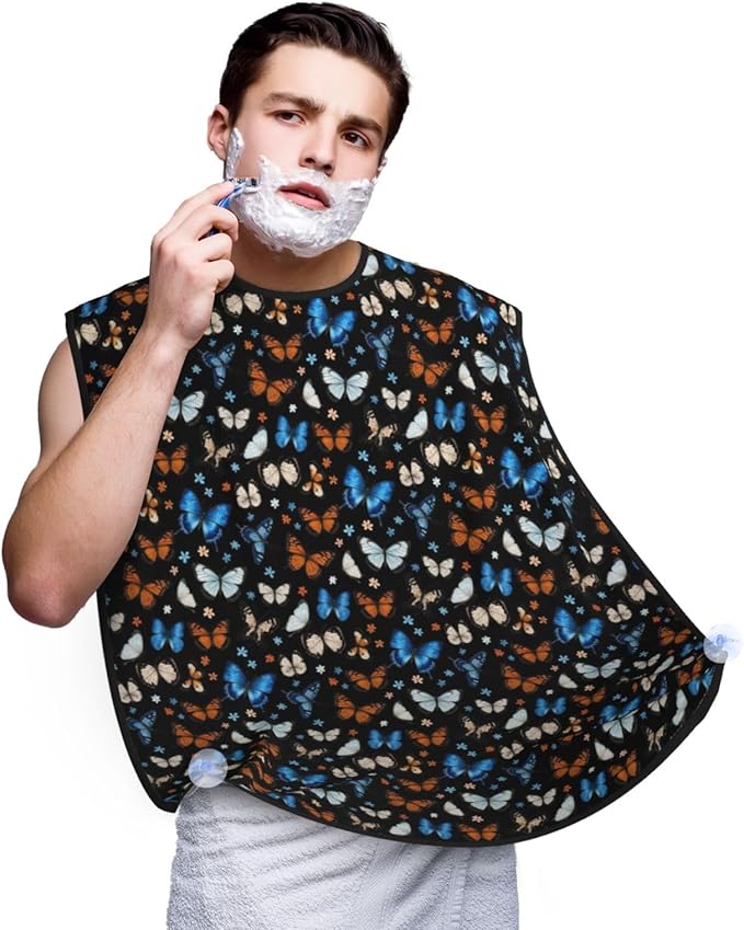 Waterproof Beard Trimming Bib, Non-Stick Hair Catcher for Men Shaving, Grooming Apron for Husband Dad, Blue and Yellow Tropic Butterflies Goth Shave Bib