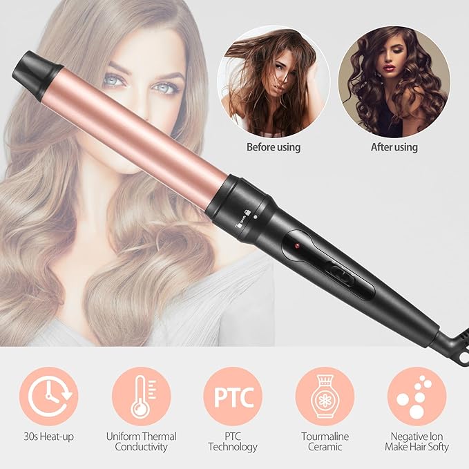 Curling Iron Wand, 3 in 1 Curling Wand Set with Ceramic Barrel for Long/Medium Hair, 0.35"-1.25" Interchangeable Hair Curler Wand, Dual Voltage, Includes Glove & Clips