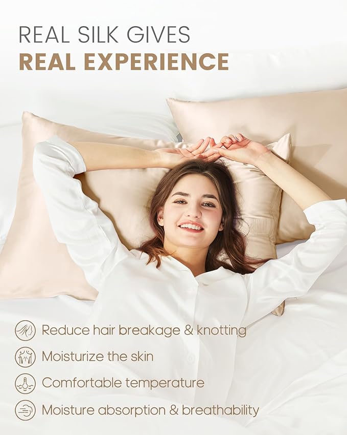 THXSILK Set of 2 Mulberry Silk Pillowcases for Hair and Skin, 100% Mulberry Silk Bed Pillowcase 19 Momme, Soft Breathable Silk Pillow Case with Hidden Zipper, King Size Pillow Cases (Beige)