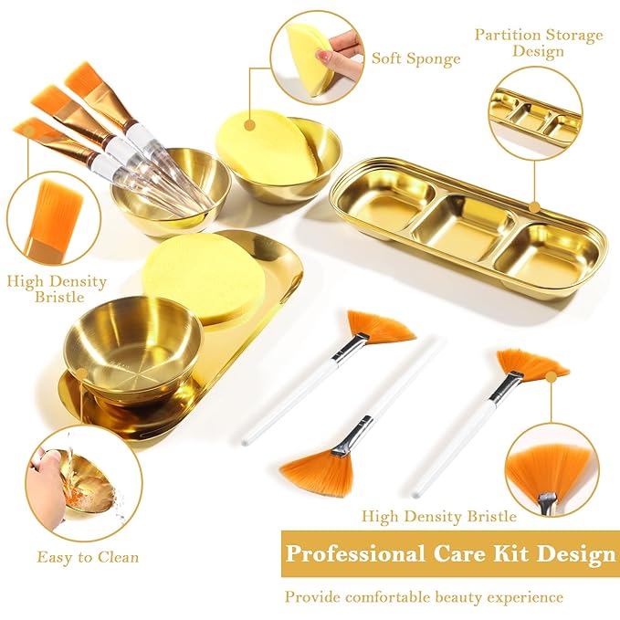 23 Pcs Esthetician Supplies 3 Stainless Steel Gold Mixing Bowls Gold Small Serving Tray 3 Compartment Serving Tray 3 Facial Fan Brushes 3 Face Mask Applicator Brush 12 Facial Sponge Compressed Round