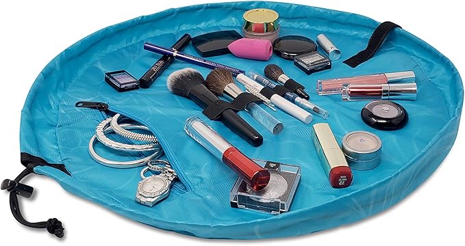 Lay-n-Go Cosmo Layflat Drawstring Cosmetic & Makeup Bag Organizer w/Zipper Pocket, Brush Loops & More, Cinch to Close, Lay Flat to Use, Durable, Machine Wash, Travel Toiletry Bag (20", Ocean Blue)