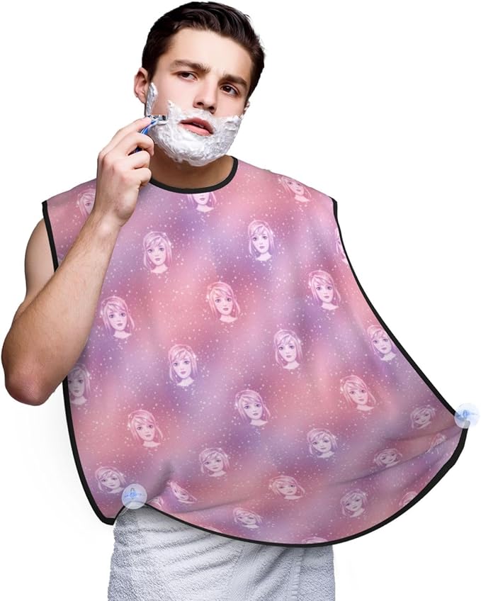 Beard Shaving Cape with Suction Cups, Pink Glitter Pattern Shave Bib, Non-Stick Waterproof Hair Catcher, Grooming Bib for Men Husband