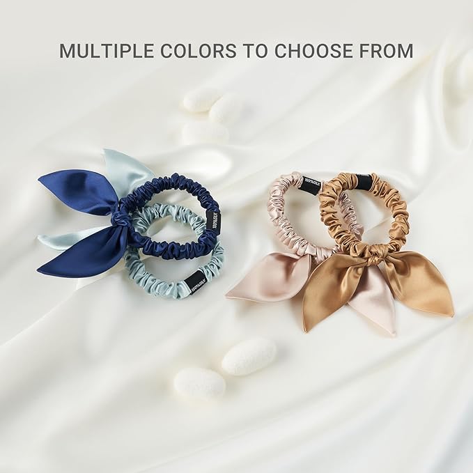THXSILK Hair Silk Scrunchies with Bow for Women Pure Mulberry Silk Hair Cute Ring Ties Scrunchies for Girls Women's Thick Hair, Champagne, 2.8"