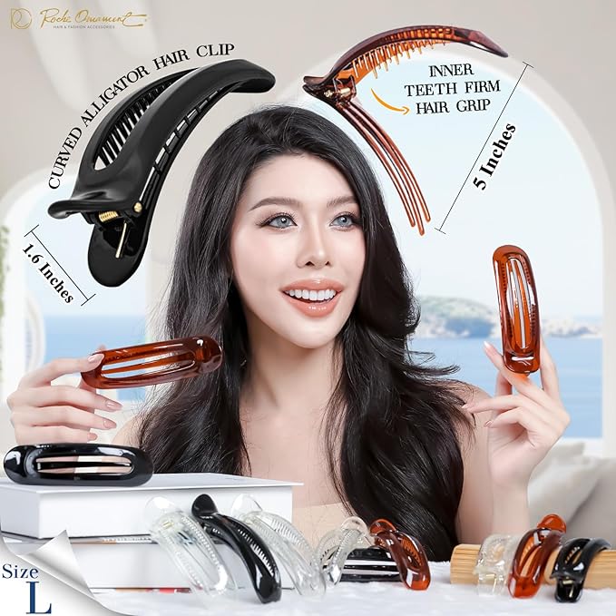 RC ROCHE 6 Pcs Flat Claw Hair Clips for Women Alligator French Barrette Long Thick Hair Duckbill Curved No Slip Grip Lay Flat Side Slide Firm Classic Styling, Large Clear, Brown & Black