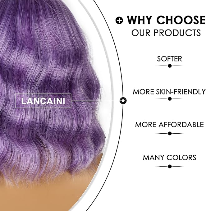 Short Bob Wigs with Bangs for Women Loose Wavy Wig Curly Wavy Shoulder Length Bob Synthetic Cosplay Wig for Girl Colorful Costume Wigs (Violet)
