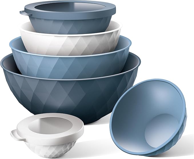 COOK WITH COLOR Mixing Bowls with Lids - 12 Piece Plastic Nesting Bowls Set includes 6 Prep Bowls and 6 Lids, Diamond Design - Microwave Safe, Denim