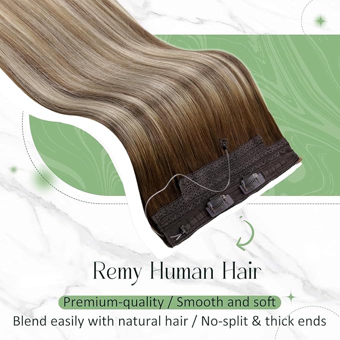 RUNATURE Brown Balayage Wire Hair Extensions Real Human Hair 20 Inch 100g, Invisible Fish Line Hair Extensions Soft Silky Hair, Quick Application #3/8/22 Walnut Brown to Light Brown with Blonde