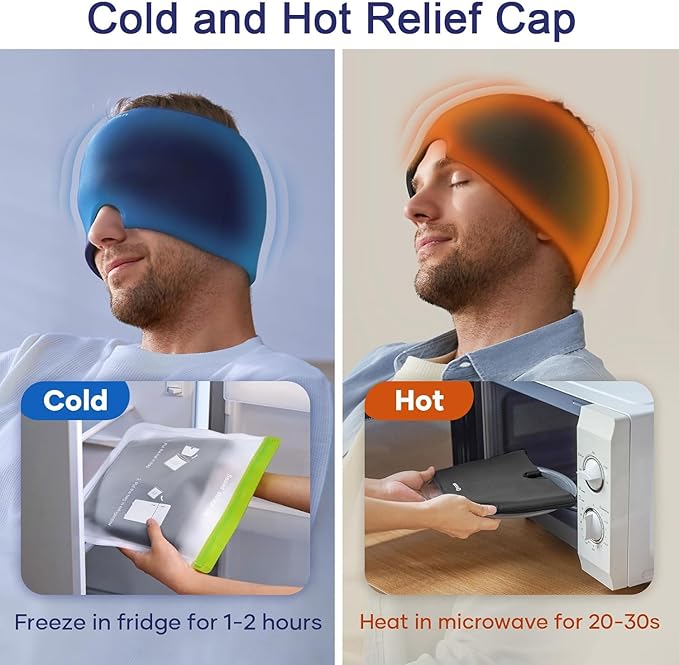 Migraine Relief Cap, Headache Relief Cap Mask Products, Cooling Odorless Gel Ice Head Wrap for Tension, Stress,Hangover & Puffy Eyes